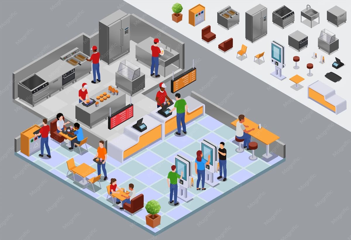 Isometric illustration of a fast food restaurant kitchen and service area