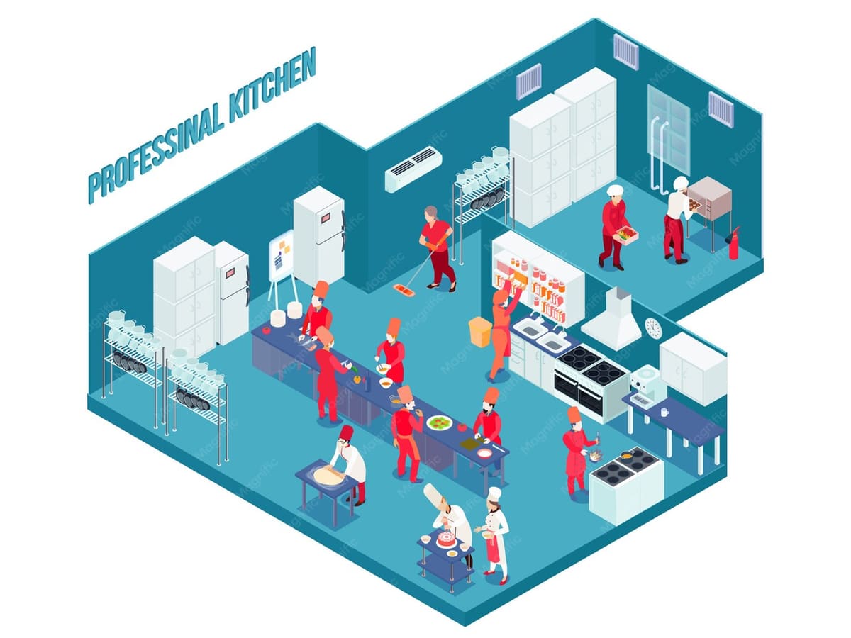 Isometric illustration of a professional kitchen layout with equipment and staff