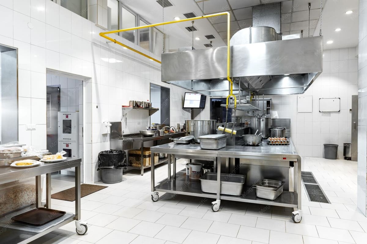 Professional stainless steel cooking equipment in a modern restaurant kitchen
