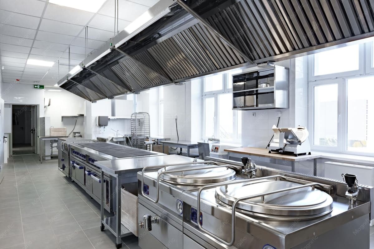 Commercial kitchen with stainless steel equipment and ample stainless workspace