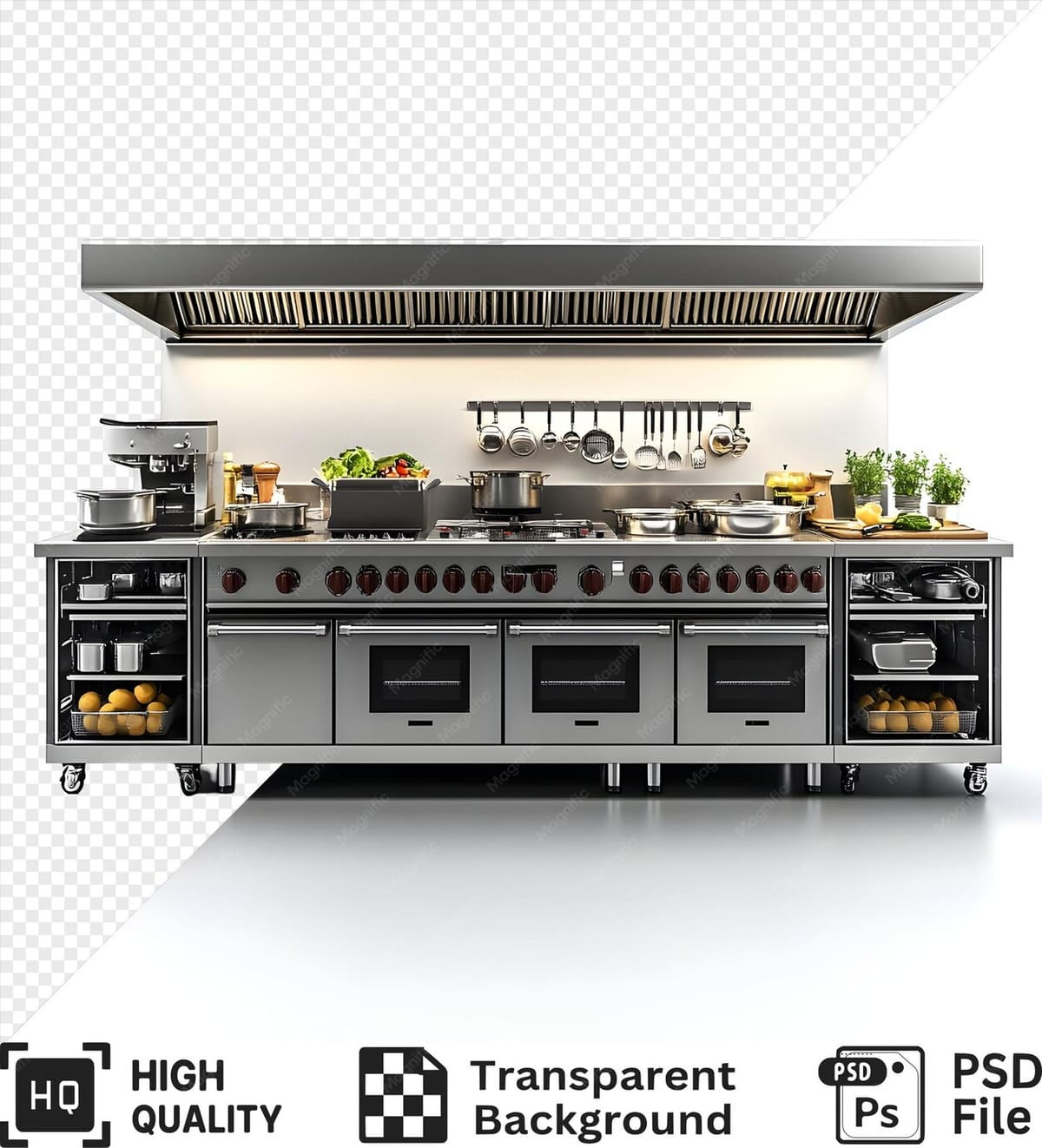 Stainless steel professional kitchen stove with multiple ovens and burners