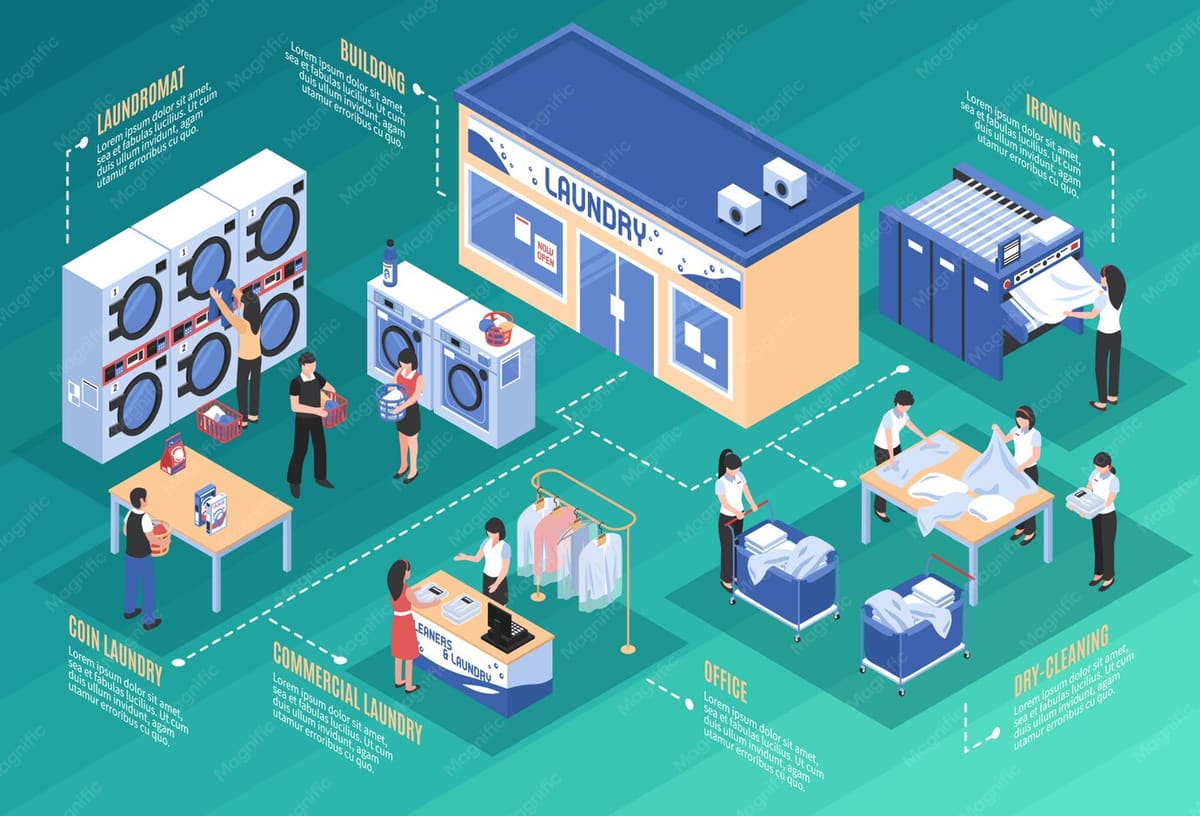 Isometric illustration of a laundry and dry cleaning operation