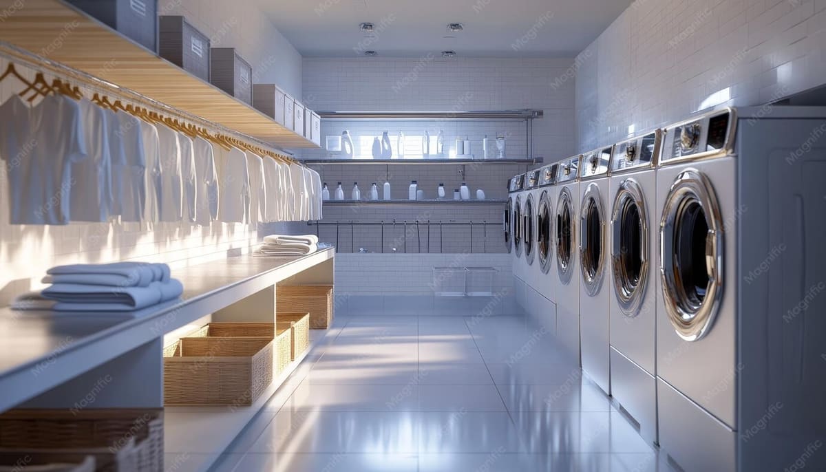 Modern laundry room with washing machines, shelving and neatly stacked towels