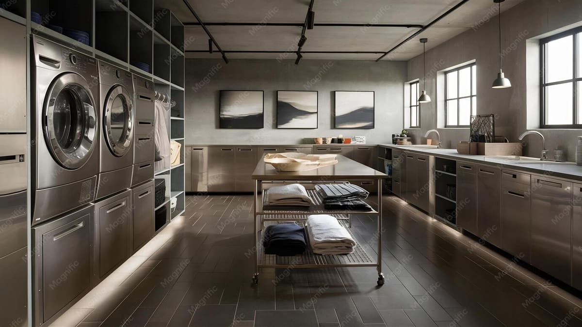 Laundry facility fitted with commercial washing machines and storage