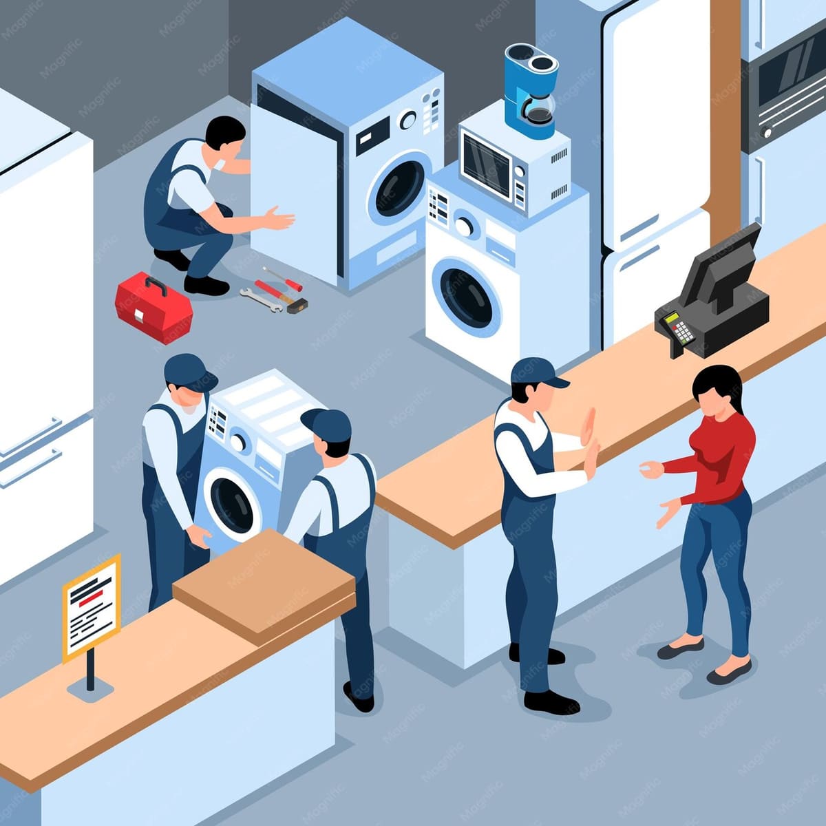 Isometric illustration of appliance service and repair workshop with washing machines