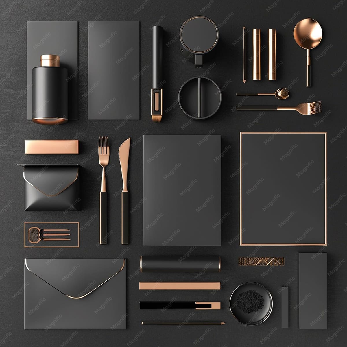 Set of black tableware elements in a 3D render