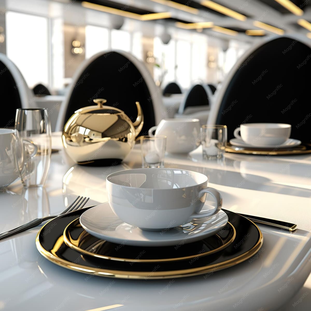 Dining table set with premium crockery, glassware and cutlery