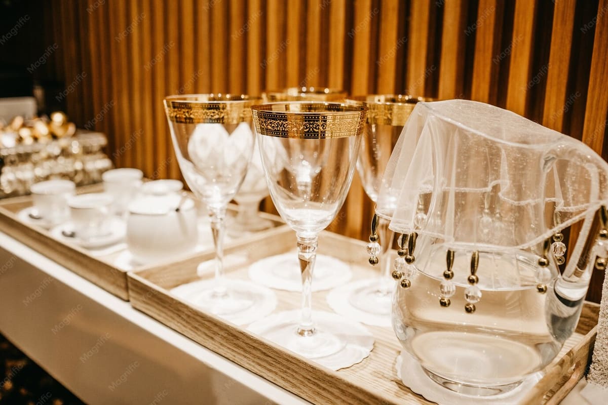 Drinking glasses and a carafe of water in natural light