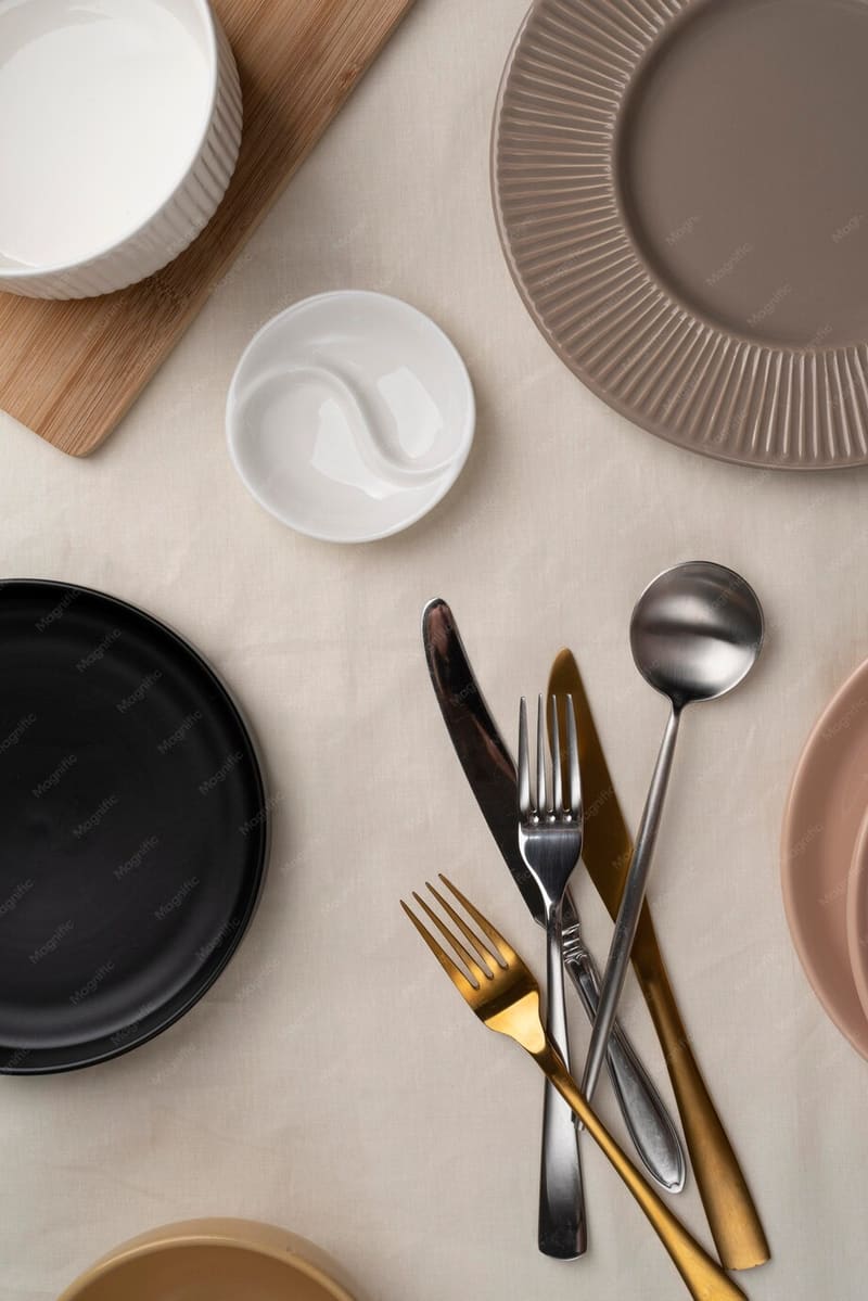 Top view of a tableware arrangement with plates and cutlery
