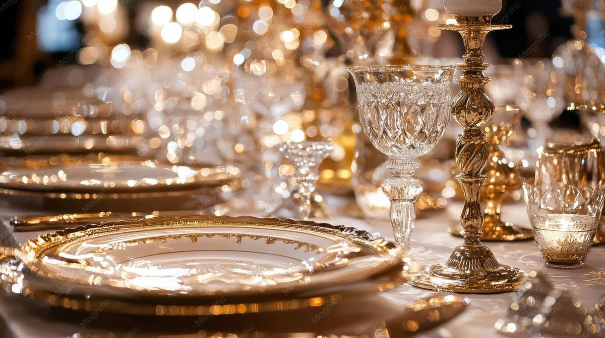 Wedding reception table set with fine china and crystal tableware