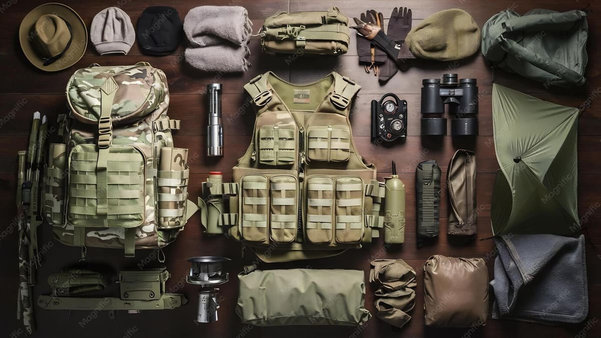 Military tactical equipment and field gear laid out for deployment